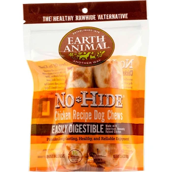 Earth Animal No-Hide Hühner-Rezept Hundekauartikel-Packung mit zwei Kauartikeln, beschriftet mit "Leicht verdaulich" und "Langanhaltender Genuss."
