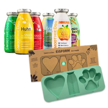Bunte Haustiersnackflaschen mit den Aufschriften "Huhn," "Rind," "Lamm," "Immunio," "Gemüsebeet," und einer herzförmigen Silikon-Eisform.
