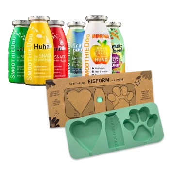 Bunte Haustiersnackflaschen mit den Aufschriften "Huhn," "Rind," "Lamm," "Immunio," "Gemüsebeet," und einer herzförmigen Silikon-Eisform.