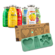 Bunte Haustiersnackflaschen mit den Aufschriften "Huhn," "Rind," "Lamm," "Immunio," "Gemüsebeet," und einer herzförmigen Silikon-Eisform.