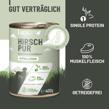 Dosenfutter für Hunde mit der Bezeichnung "Hirsch Pur" in grünem Design, mit den Angaben "hypoallergen", "einzelnes Protein" und "100% Muskelfleisch".