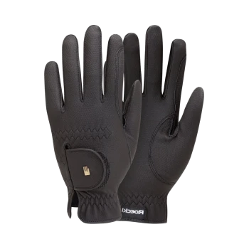Schwarze Haustierpflegehandschuhe mit strukturiertem Griff und verstellbarem Handgelenkverschluss, mit einem Logo am Bund.