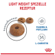 Leichtes Tierfutterkibble mit einem Loch in der Mitte, mit dem Text: "Light Weight Spezielle Rezeptur," "Fasern & Psyllium," und "L-Carnitin."