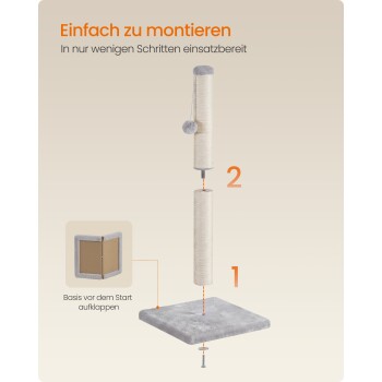Montageplan für beigen Kratzpfosten mit Bodenplatte, zwei Sisalpfosten und Bommel; sichtbarer Text 'Einfach zu montieren'.
