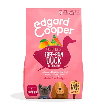 Fabulous free-range Duck & chicken Junior 2.5 kg Edgard Cooper puppy food bag with a pink background, featuring duck, veggies, and text: "Fabulous Free-Run Duck & Chicken," "Grain-Free."