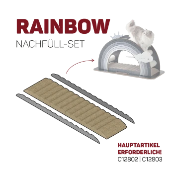 Nachfüllset für Katzenkratzbaum mit Regenbogen-Design, mit einer Katze oben und dem Text 'Hauptartikel erforderlich!'