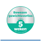 Ronde teal- en zilverkleurige badge met Nederlandstalige tekst: 'Bewezen gewichtsverlies in slechts 5 weken' en '*Hill's interne gegevens'.