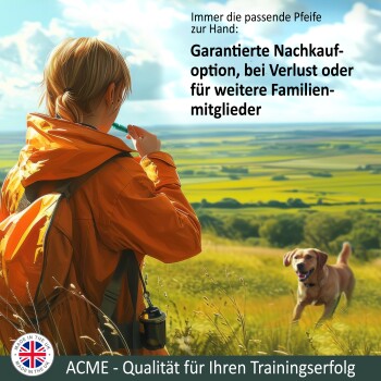 Person in orangefarbener Jacke pfeift auf einem Feld mit einem glücklichen Hund, Text über garantierte Rückkaufoption auf Deutsch.