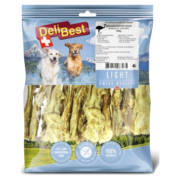 DeliBest Hundeleckerlipackung mit Straußensehnen, beschriftet mit 'Light Swiss Quality', 500g. Wichtige Details: glutenfrei, fettarm, 100% natürlich.