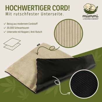 Beiges Cord-Haustierbett mit rutschfester schwarzer Unterseite, zeigt Stoffstruktur und wichtige Merkmale im deutschen Text.