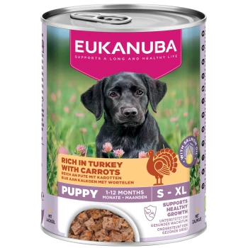 Eukanuba Welpen-Nassfutterdose: 'EUKANUBA', 'Rich in Turkey with Carrots', 'PUPPY 1-12 MONTHS S-XL', Hund und Napf.