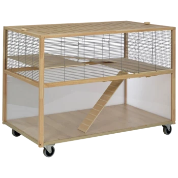 Cage pour animaux en bois sur roues avec un dessus en fil métallique, deux niveaux et une rampe les reliant. Idéal pour les petits animaux.