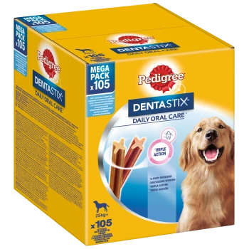 Pedigree DentaStix Mega Pack mit 105 Zahnpflege-Kauartikeln für Hunde, mit einem Golden Retriever und dem Text "Tägliche Zahnpflege".