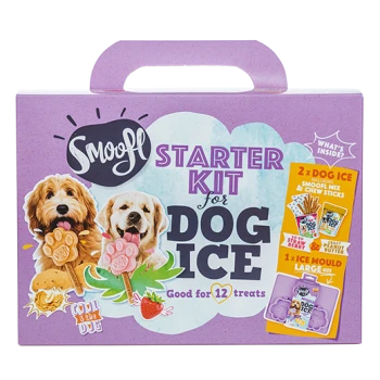 Snoofl Starter Kit für Dog Ice, mit zwei Hunden, enthält 2 Dog Ice, Snoofl Mix, Kaustangen und eine große Eisform für 12 Leckerlis.