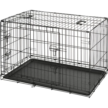 Gitterbox für Hunde S Schwarze Metallhundebox mit einer abnehmbaren Kunststoffschublade, mit einem sicheren Riegel und einem offenen Drahtdesign für Belüftung.