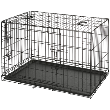 Cage pour chien en métal noir avec un plateau en plastique amovible, dotée d'un verrou sécurisé et d'un design en fil ouvert pour la ventilation.