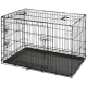 Schwarze Metallhundebox mit einer abnehmbaren Kunststoffschublade, mit einem sicheren Riegel und einem offenen Drahtdesign für Belüftung.