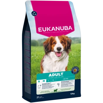 Eukanuba Adult Hundefutterbeutel für Hunde unter 25 kg, reich an Lamm und Reis, mit Dental Defense für gesunde Zähne, 12 kg.