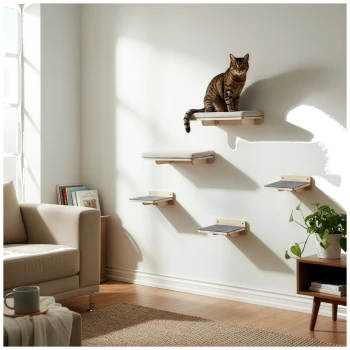 Getigerte Katze sitzt auf einem wandmontierten Katzenregal in einem hellen Wohnzimmer mit beigem Sofa und grüner Pflanze.