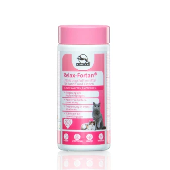 Relax-Fortan Tabletten mit L-Tryptophan 100 g Relax-Fortan Ergänzungsmittel für Hunde und Katzen in einem rosa Behälter, mit Angaben zu Serotoninspiegeln, Verhaltensverbesserung und Stressabbau.