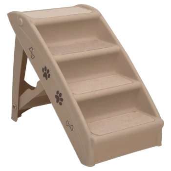 Eine beige Haustiertreppe mit vier Stufen, mit rutschfesten Oberflächen und Pfotenabdruckdesigns an den Seiten, ideal, um Haustieren zu helfen, höhere Orte zu erreichen.