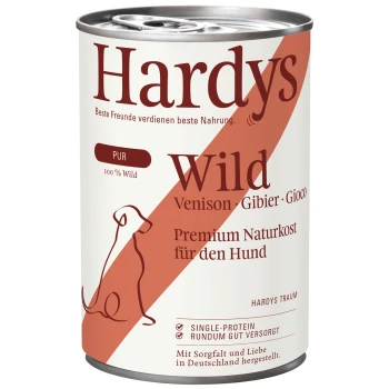 Dose Hundefutter von Hardys mit der Aufschrift „Wild“, die Wildfleisch enthält, mit deutschem Text „Premium Naturkost für den Hund.“