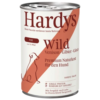 Puszka karmy dla psów Hardys oznaczona "Wild" z dziczyzną, z tekstem w języku niemieckim mówiącym "Premium Naturkost für den Hund."