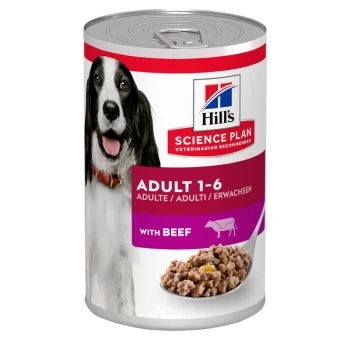 Dosen-Hundefutter von Hill's Science Plan, beschriftet mit "Adult 1-6" mit Rindfleisch, mit dem Gesicht eines Hundes auf der Vorderseite.