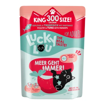 Nassfutter Katze Adult Thunfisch, Geflügel 6x300 g Beutel mit Lucky Lou Katzenfutter für Erwachsene, mit Geflügel und Thunfisch sowie Pastinaken, 300 Gramm, 96 % Fleisch und Fisch, getreidefrei, ohne Zuckerzusatz.