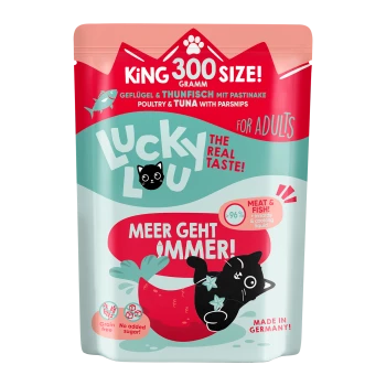 Beutel mit Lucky Lou Katzenfutter für Erwachsene, mit Geflügel und Thunfisch sowie Pastinaken, 300 Gramm, 96 % Fleisch und Fisch, getreidefrei, ohne Zuckerzusatz.