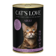 Cat's Love Erwachsenenfutterdose für Katzen mit einem Nahaufnahme eines Bengal-Katzes, mit dem Text 'Fisch & Huhn' und '92% Fisch & Huhn.'