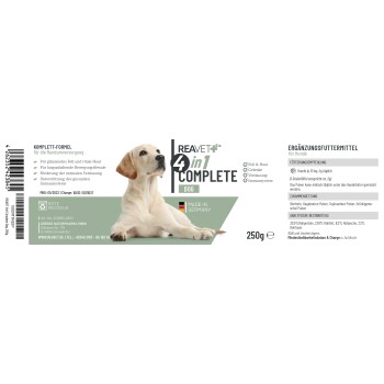 Ein Tierarzt in einem weißen Kittel mit einem Stethoskop interagiert mit einem Hund, mit Text über Qualitätsstandards.