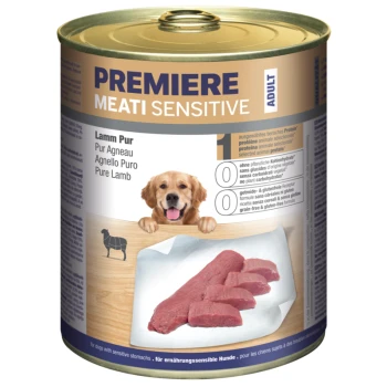 Nourriture en conserve pour chiens "Premiere Meati Sensitive" avec de l'agneau pur, présentant "0 glucides d'origine végétale" pour les chiens ayant un estomac sensible.