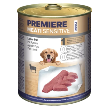 Dosen-Hundefutter "Premiere Meati Sensitive" mit reinem Lamm, das "0 pflanzliche Kohlenhydrate" für Hunde mit empfindlichen Mägen bietet.