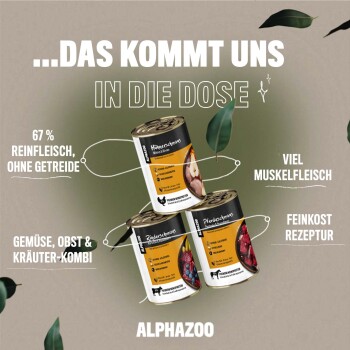 Drei Dosen ALPHAZOO Haustierfutter, beschriftet mit "Hühnermus" und "Rindermus," mit 67% Fleisch, getreidefrei, mit Gemüse, Früchten und Kräutern.
