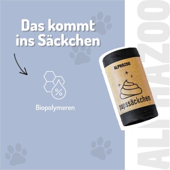 Positive Kundenbewertung für ein Haustierprodukt, bewertet mit 4,8/5 Sternen. Alina K. lobt Qualität, Größe und Haltbarkeit. Hund im Hintergrund.