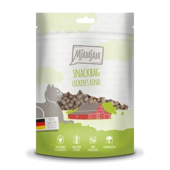 Mjamjam Snackbag voor huisdieren: 'Heerlijk Rundvlees' met een grijze kattensilhouet, Duits kwaliteitslabel en hoogtepunten van geen granen of suiker.