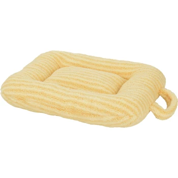 Yellow ribbed plush square pet bed with raised bolsters and a side carrying loop