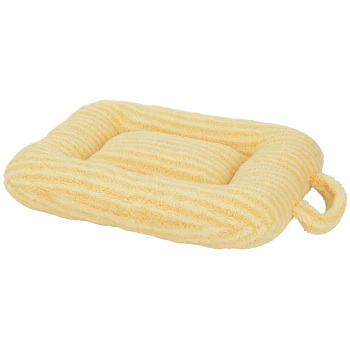 Yellow ribbed plush square pet bed with raised bolsters and a side carrying loop