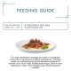 Feeding guide for adult cats, recommending 4 pouches per day, served in 2-3 meals, with a plate of shredded meat and mint.