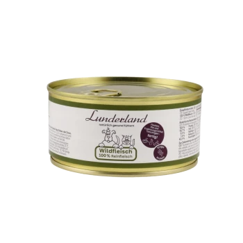 Lunderland Wildfleisch Haustierfutterdose, mit einem goldenen Deckel und einem beigen Etikett mit lila Akzenten, das natürliche Zutaten betont.