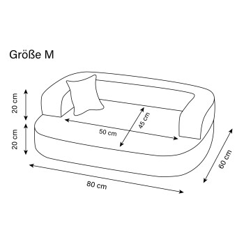 Illustration eines Haustiersofas mit der Bezeichnung "Größe M" und den Abmessungen: 80 cm (Länge), 60 cm (Breite), 20 cm (Höhe) sowie einem Kissen.