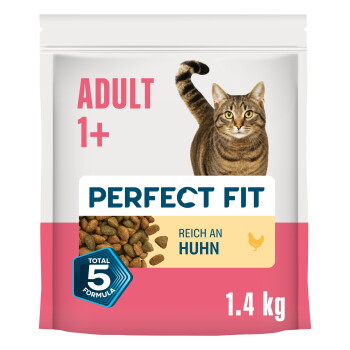 PERFECT FIT Katzenfutterbeutel für erwachsene Katzen (1+), Bild einer getigerten Katze, 'Reich an Huhn', Total-5-Formel-Abzeichen, 1,4 kg