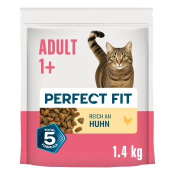 PERFECT FIT Katzenfutterbeutel für erwachsene Katzen (1+), Bild einer getigerten Katze, 'Reich an Huhn', Total-5-Formel-Abzeichen, 1,4 kg