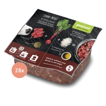 Lamm-Menü Hundefutterpaket mit rohem Fleisch, Gemüse und Reis, mit Anweisungen zum Auftauen und direkt Servieren. Glutenfrei.