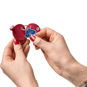 Hände mit roten Nägeln halten einen roten Leder-Identifikationsanhänger für Haustiere mit einem blauen Anhänger mit der Aufschrift „Gemeinde Musterstadt“.