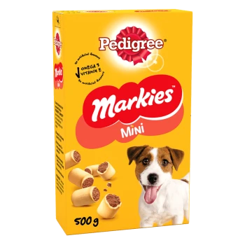 A bright yellow box of Pedigree Markies Mini dog treats, featuring a picture of the treats and the text "500 g" on the bottom.