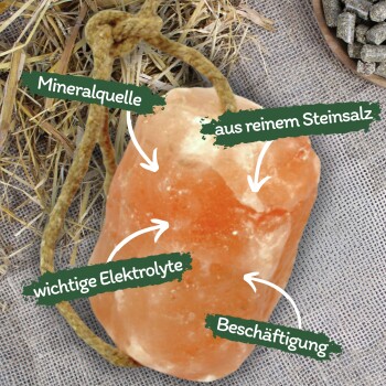 Salzblock an einer Schnur auf Heu/Tuch, deutscher Text: Mineralquelle / aus reinem Steinsalz / wichtige Elektrolyte / Beschäftigung