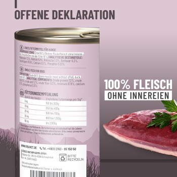Dose Hundefutter mit Ente als Hauptzutat, mit der Angabe 100% Fleisch ohne Innereien und Fütterungsempfehlungen.