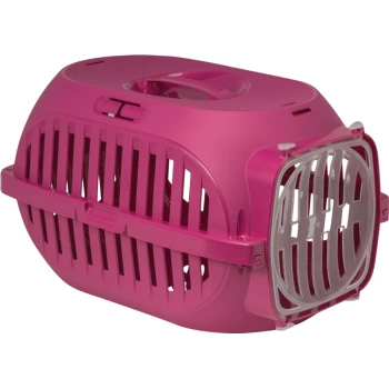 Różowa torba transportowa dla zwierząt z wentylowanym designem, z uchwytem na górze i bezpiecznym zapięciem do łatwego transportu.